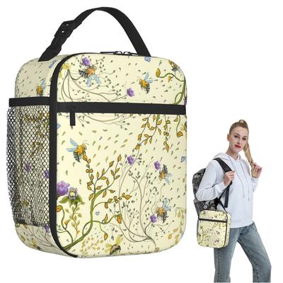 Das Muster von Bienen, die Blumen pflücken, Isolierte Lunchtasche für Damen Kinder Tragbare Lebensmittelboxen Thermische Lunchbox Tragetasche