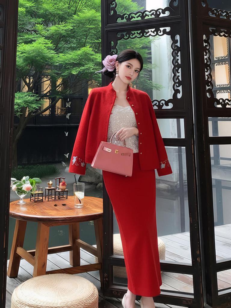 Winter 2026 Red High-End Double-Sided Wool Coat and Skirt Suit for Women, Chinese Style - NY033.