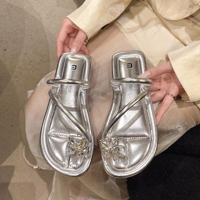 2025 Summer New Sandals Wear Low-heeled Slippers Flat-bottomed French-style Beach One-word Set of Toe Rhinestone Sandals