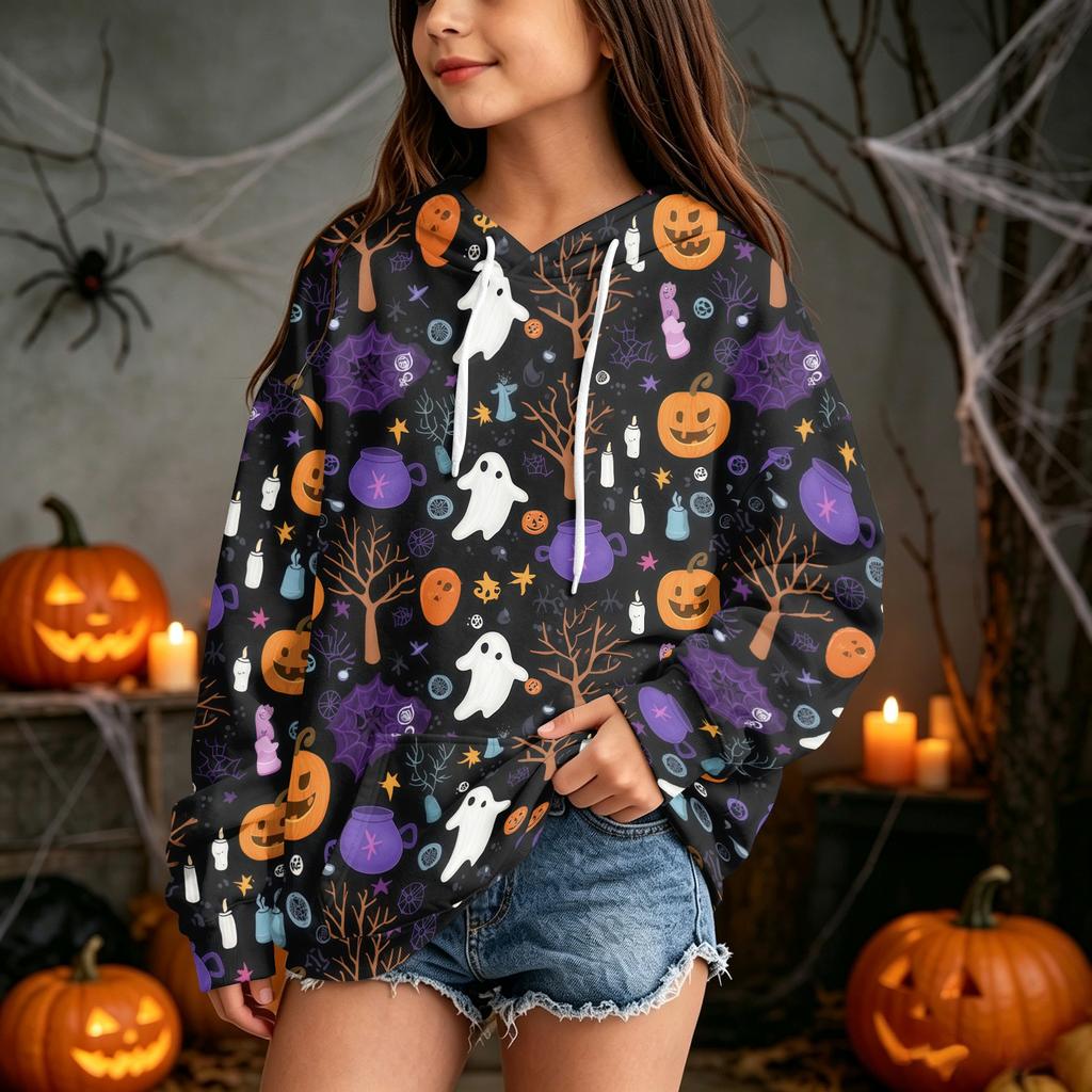Kids Halloween Print Hoodie Pullover Sweatshirt for Boys Girls Casual Wear