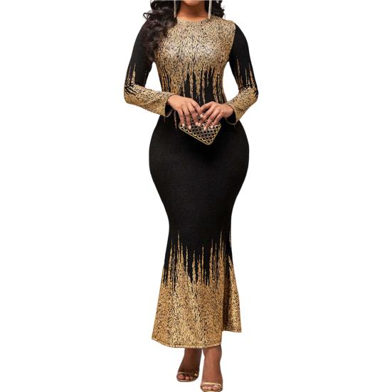 Autumn Winter Women Bodycon Dress Hot Stamping Print Crew Neck Elegant Slim