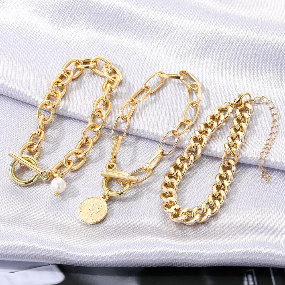 Punk Metal Damenmode Dicke Kettenglieder Armbänder Armreifen für Frauen Vintage Goldfarbe Geometrische Armbänder Set Schmuck Geschenk