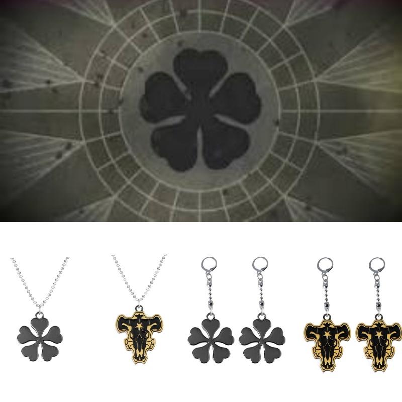 Stilvolles Black Clover Halsketten- und Ohrring-Set mit Stier-Magierritter-Emblem für Damen und Herren