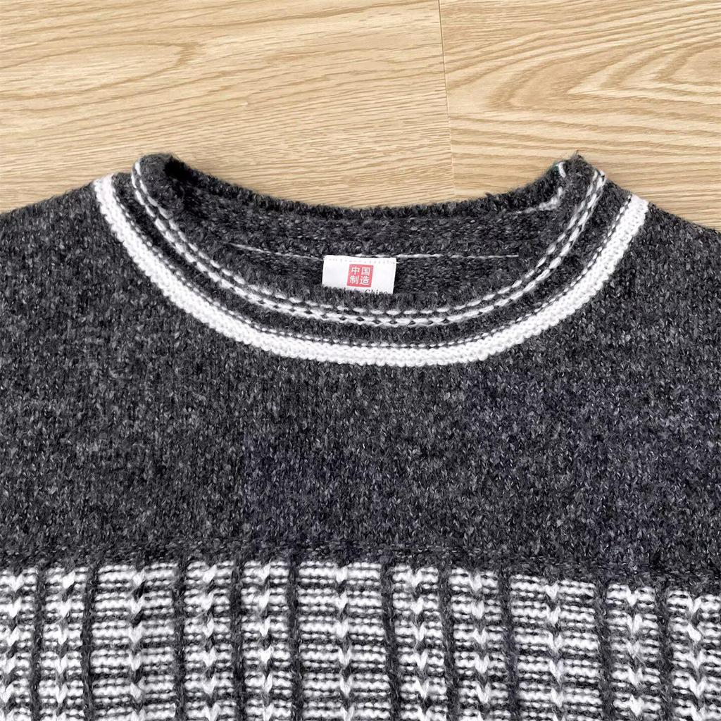 Winter Long Sleeve Color Block Loose Knit Sweater - Warm Round Neck Hollow Harajuku Top