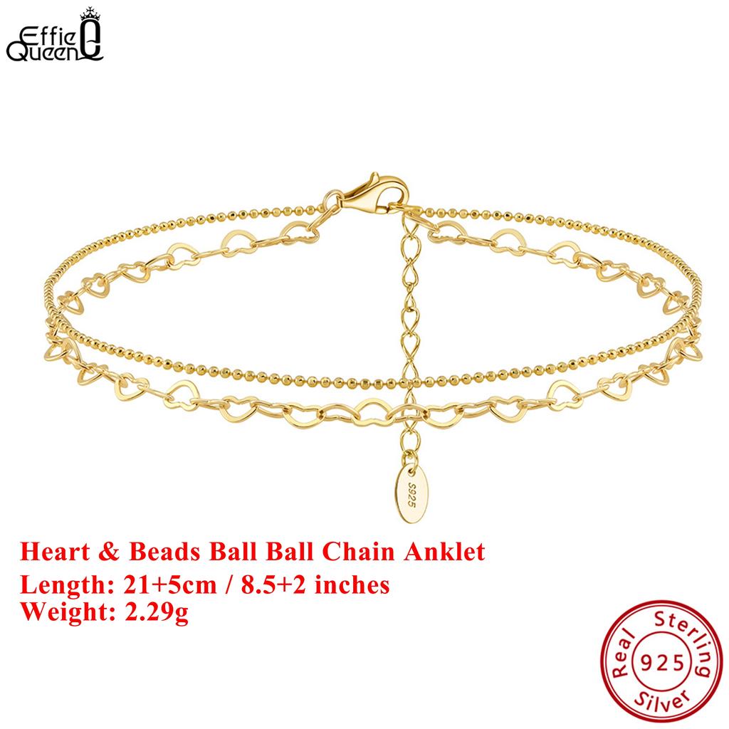 EFFIE QUEEN 925 Pure Silver 14k Gold Heart Shaped Beads Ball Chain Anklet Romantic Jewelry for Women Summer Beach Banquet SA66