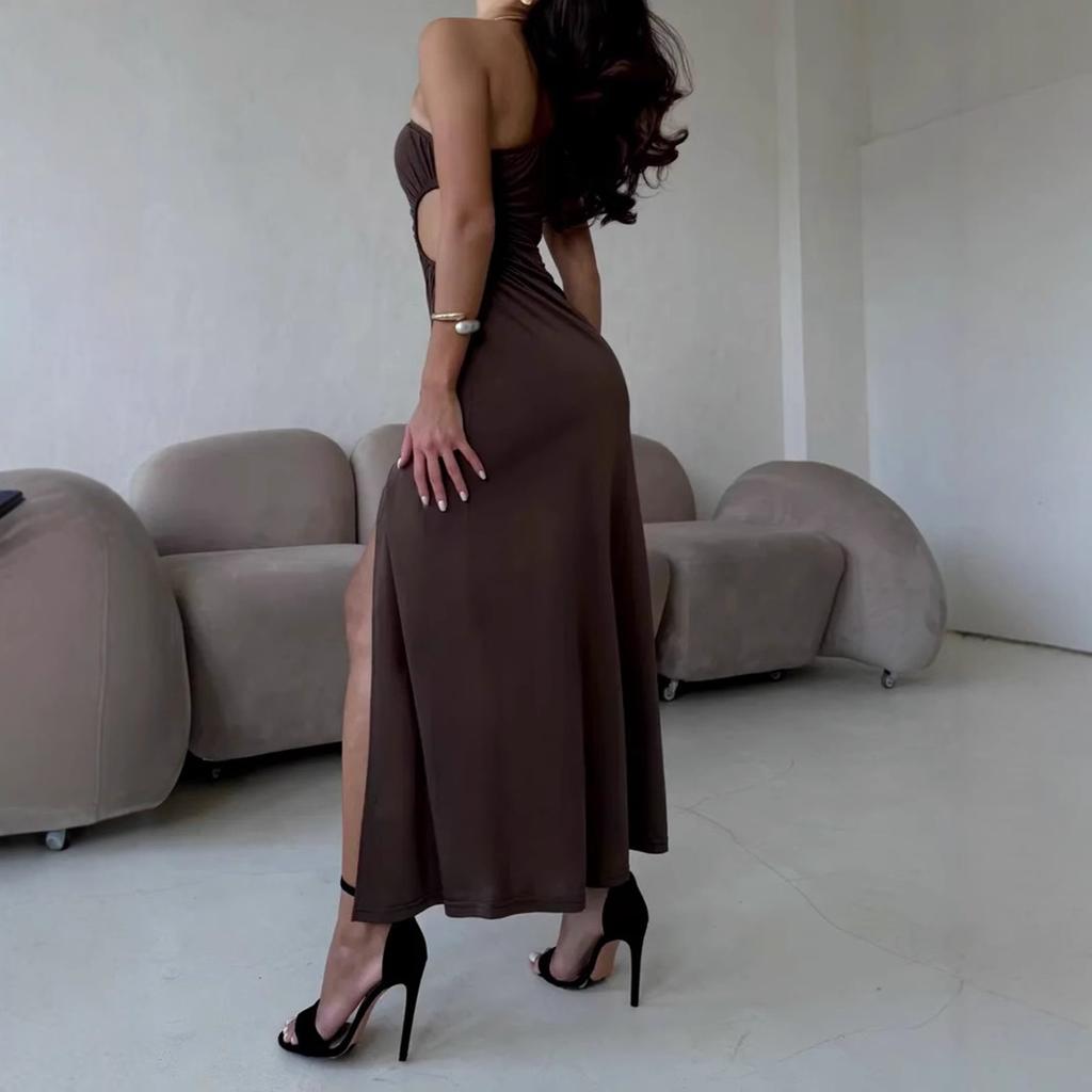 Slant shoulder waist sexy split temperament dress European and American slim-fitting sleeveless fashionable and elegant women's clothing