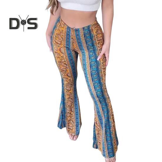 

Женские брюки в этническом стиле с цветочным принтом, длинные расклешенные брюки в стиле ретро, ​​высокоэластичные сексуальные повседневные брюки, уличная одежда 2XL жёлтый