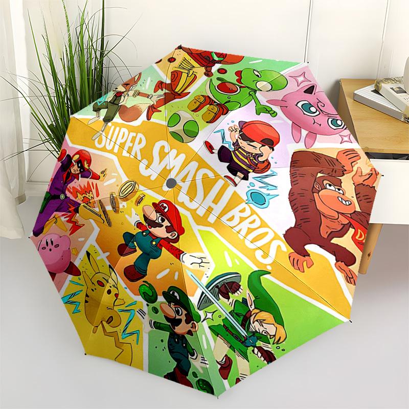

1pc Super Smash Bros. Auto-Folding Umbrella with 8-Bone Iron Frame, Portable Tri-Fold Design for Outdoor Use, Perfect Gift for Fans, Travelers, and Da