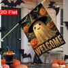 2D Flat, 2D Flat,1 Halloween Pumpkin Lantern and Welcome Sign Outdoor Garden Flag |  Double-Sided Polyester Lawn Decoration with Pumpkins, Bats, and S
