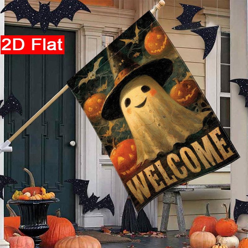 2D Flat, 2D Flat,1 Halloween Pumpkin Lantern and Welcome Sign Outdoor Garden Flag | Double-Sided Polyester Lawn Decoration with Pumpkins, Bats, and S