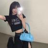 Off-the-button printed short-sleeved T-shirt women's summer new top student black bottoming shirt
