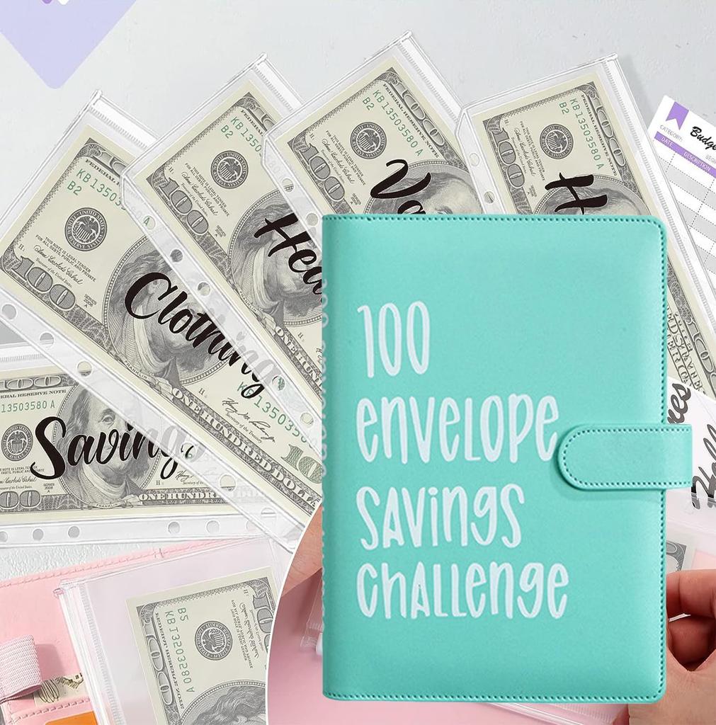 100 Geldspar-Challenge-Umschläge mit Bargeldumschlag-Ordner Budgetbuch-Ordner Sparsystem zum Sparen von 5050 $ Visuelles interaktives 100-Tage-Sparen