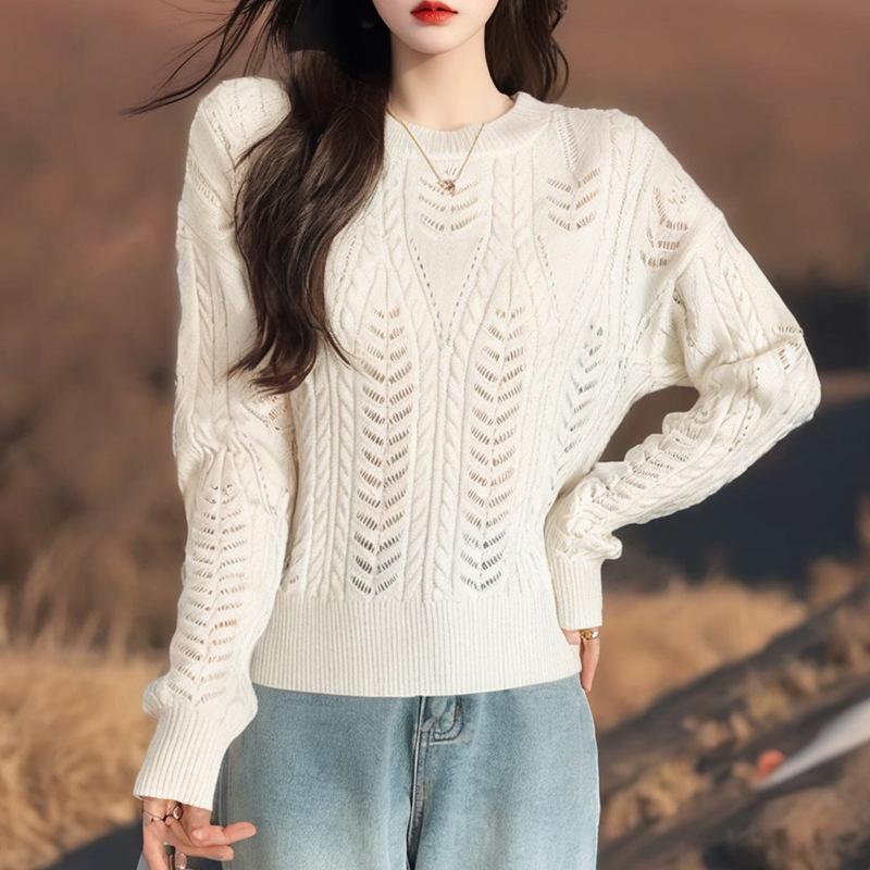 2025 Autumn Loose Wheat Ear Hollow Knit Sweater for Women