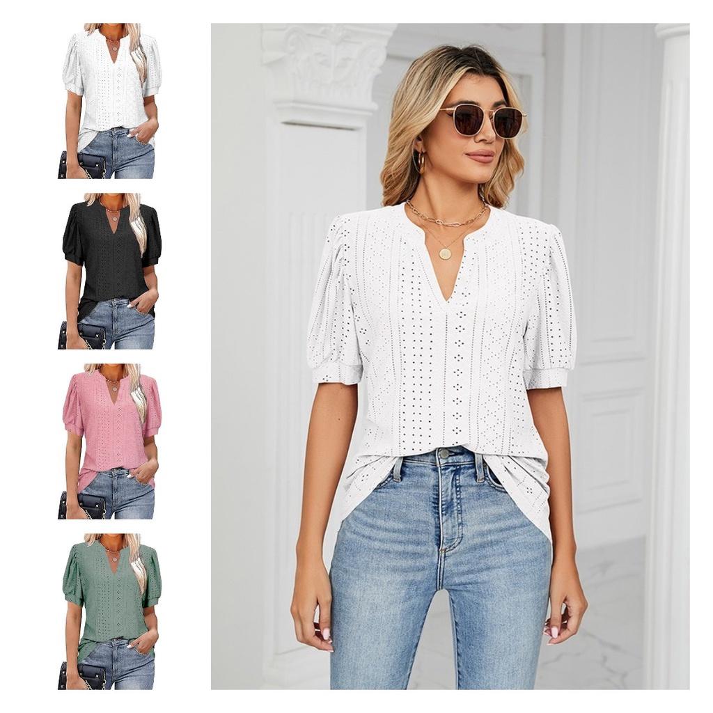 Stylish V-neck Solid Color Blouse With Short Sleeve Cut Out Lace