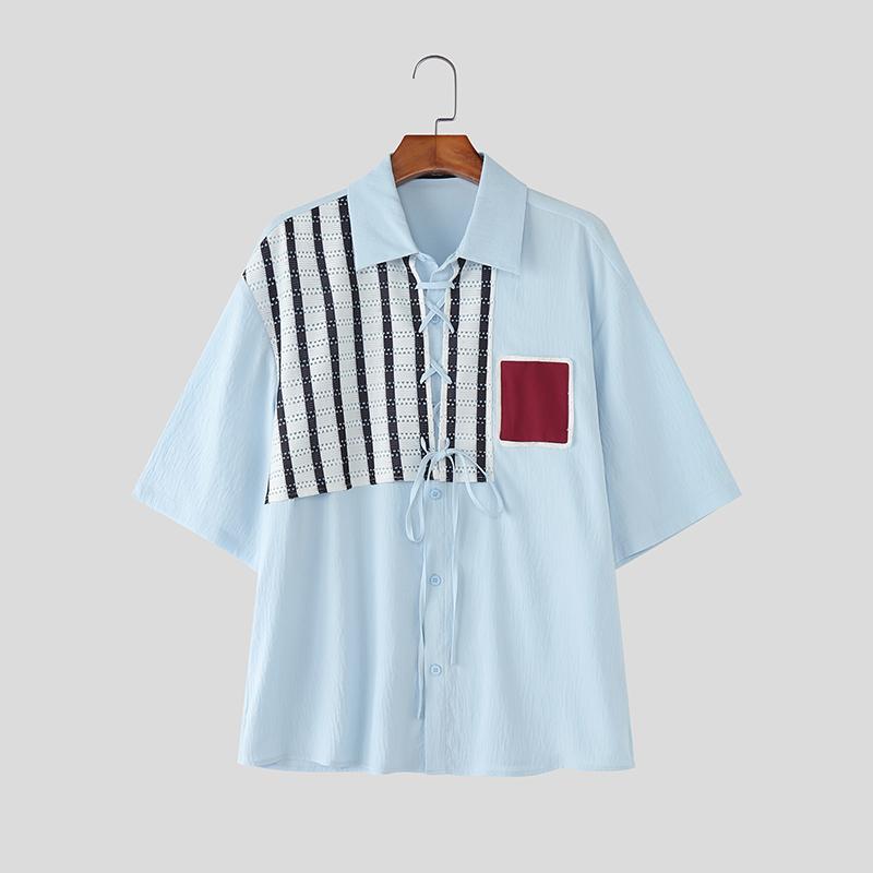

INCERUN Men Lapel Neck Short Sleeve Patchwork Striped Lace Casual Loose T-shirts Shirts 5XL синий