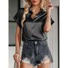 Camisa de mujer de primavera y otoño, blusa de manga corta de satén de Color sólido, camisa con hombros descubiertos