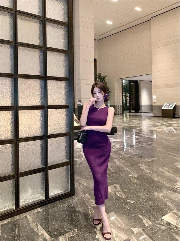 Purple Sleeveless Mermaid Dress: Slim-Fit, Waist-Cinched, Hip-Hugging with Slit Skirt. One Size фиолетовый