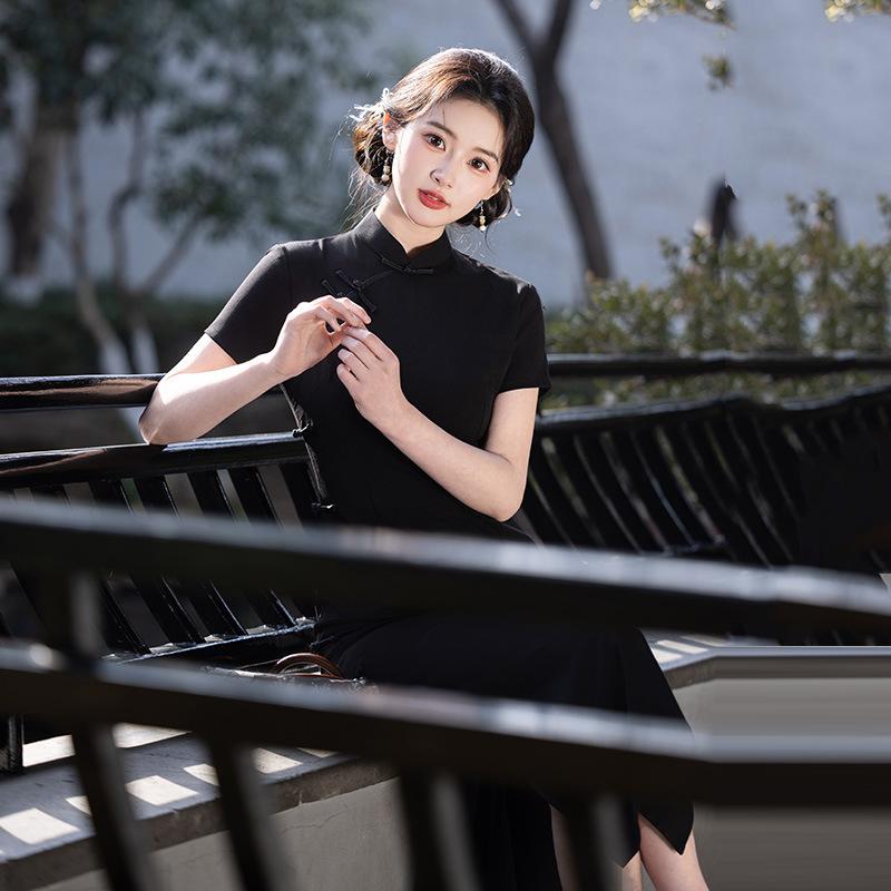 Black national style new Chinese Suzhou long cheongsam improved young 1011 new women's high-end short sleeves summer