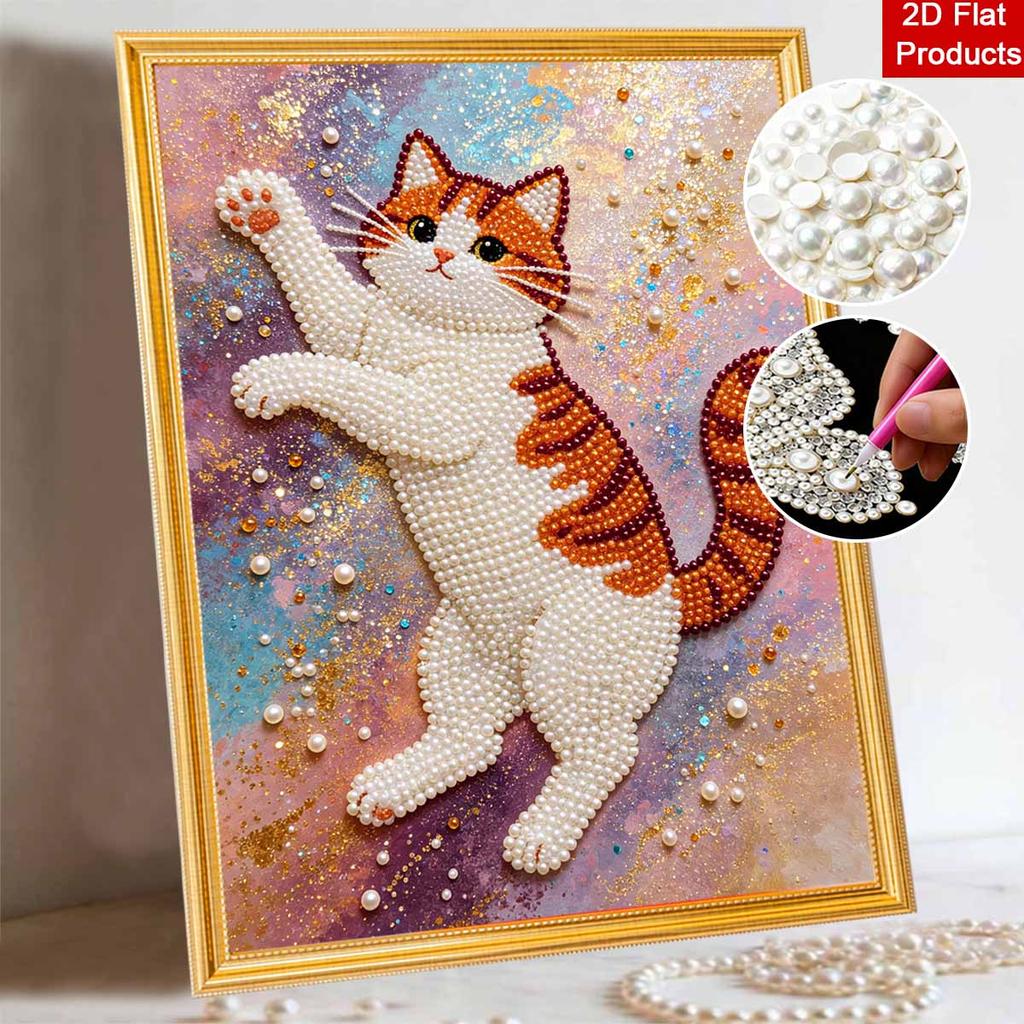 DIY Pearl Bead Art Canvas Cat Pattern Frameless Creative Craft Painting Kit for Relaxing Home Wall Decoration