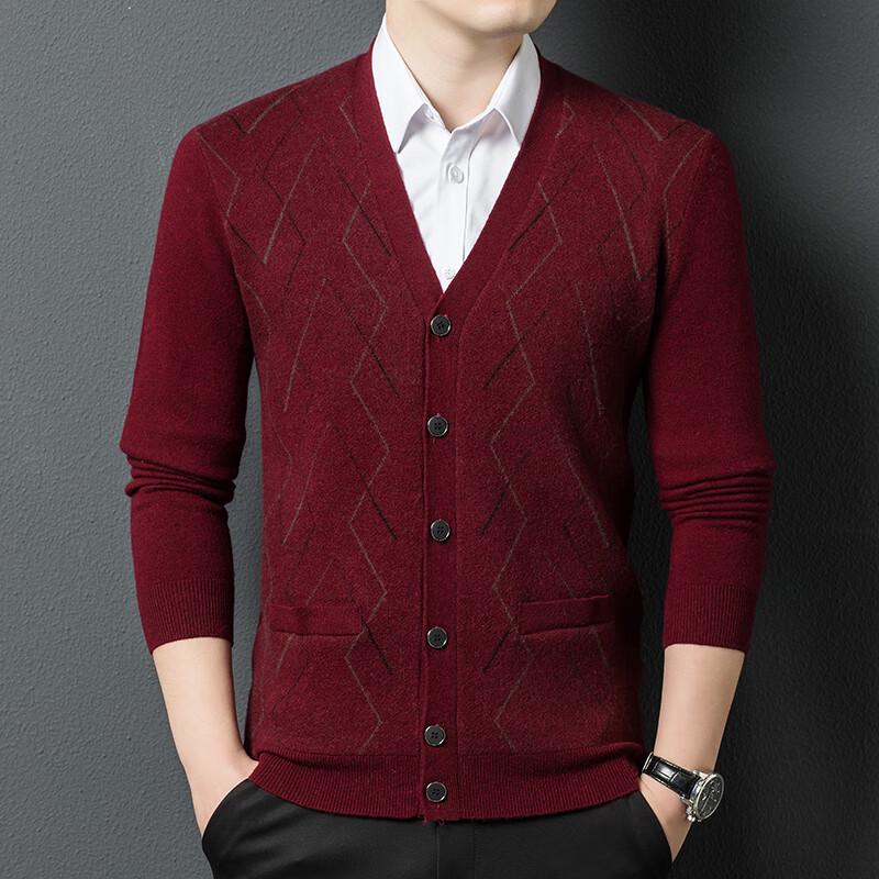 Yiliteng Men's V-Neck Pure Wool Cardigan Sweater