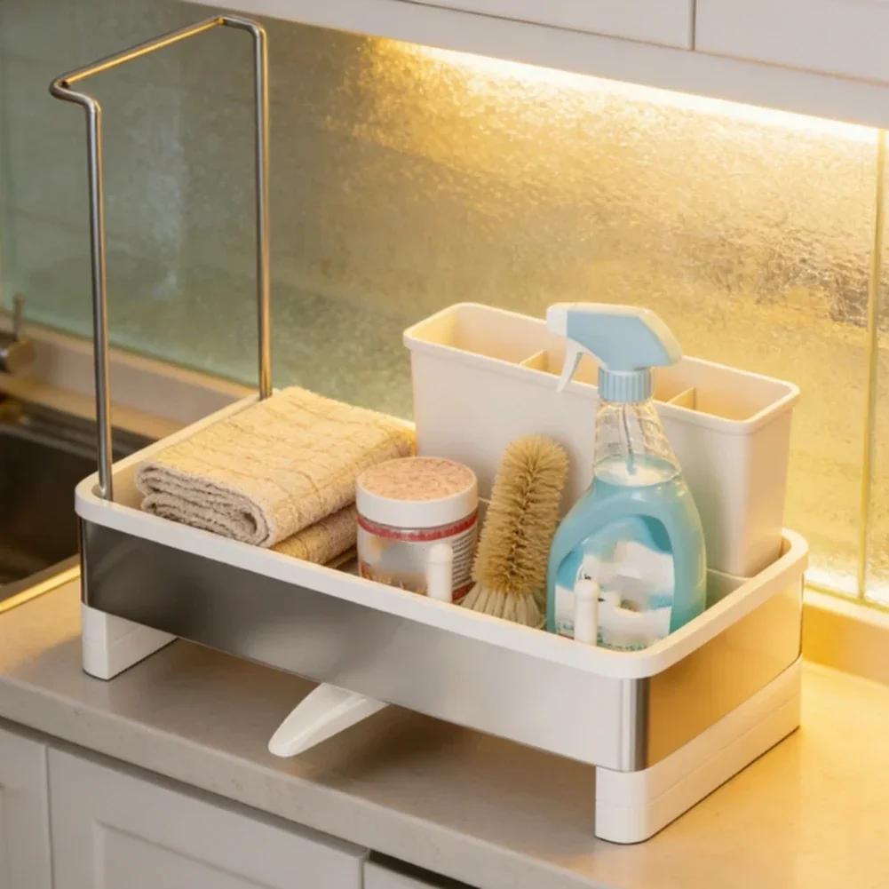 Countertop Storage Rack Space-Saving Stainless Steel Kitchen Sink Organizer Efficient Drainage Multi-functional Storage Tool