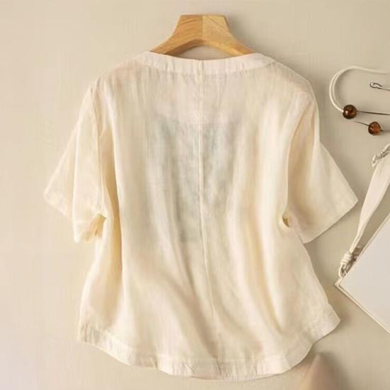 Women Tops Round Neck Short Sleeve Embroidery Bamboo Pattern Tee Shirt Solid Color Loose