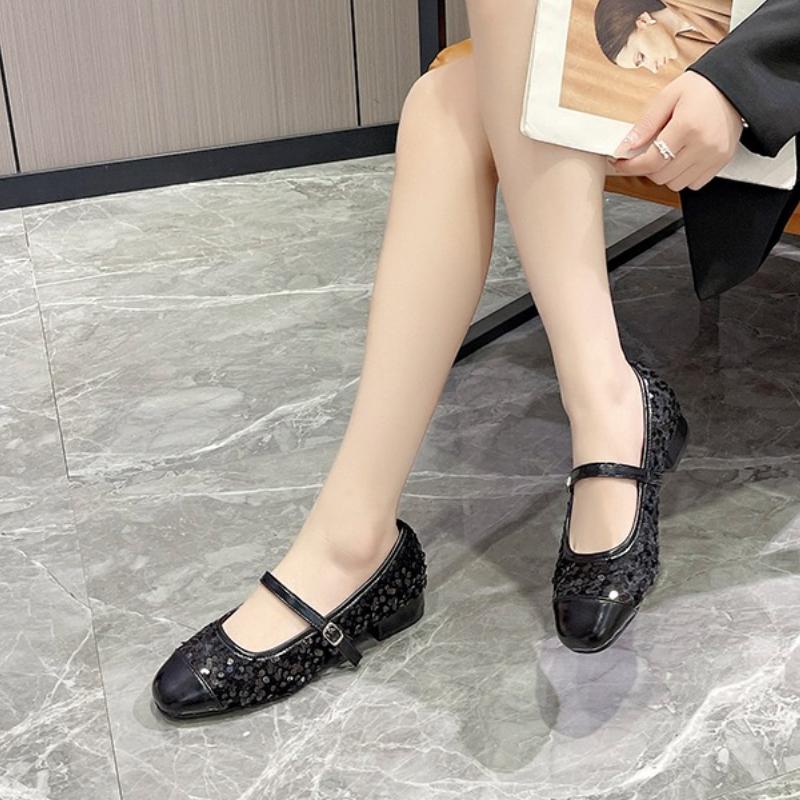 Designer Fashion Sequin Women Low Heel Mary Jane Shoes Plus Size Round Toe Spring Autumn Ladies Elegant Wedding Party Pumps