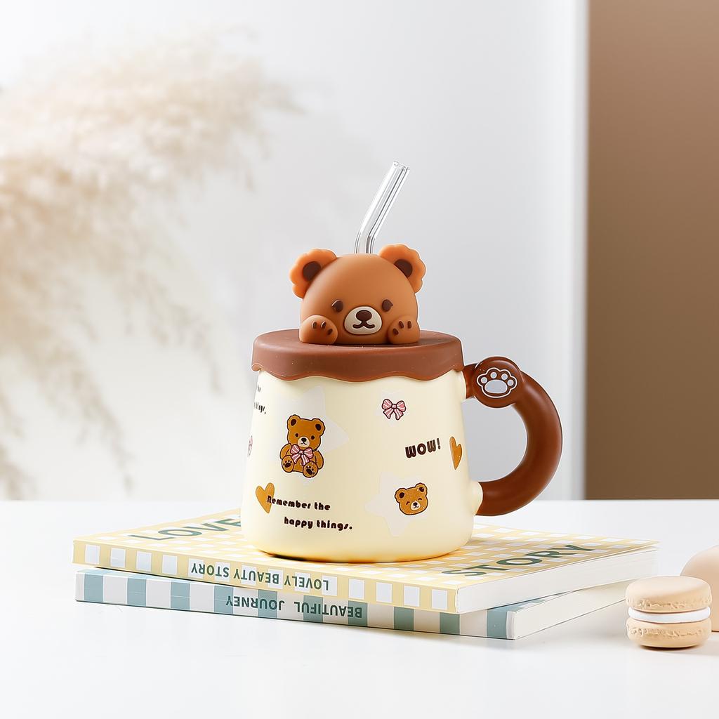 High Value Bear Straw Cup with Handheld Ceramic Cup Cute Creative Personality Mug Breakfast Milk Cup Office Cup