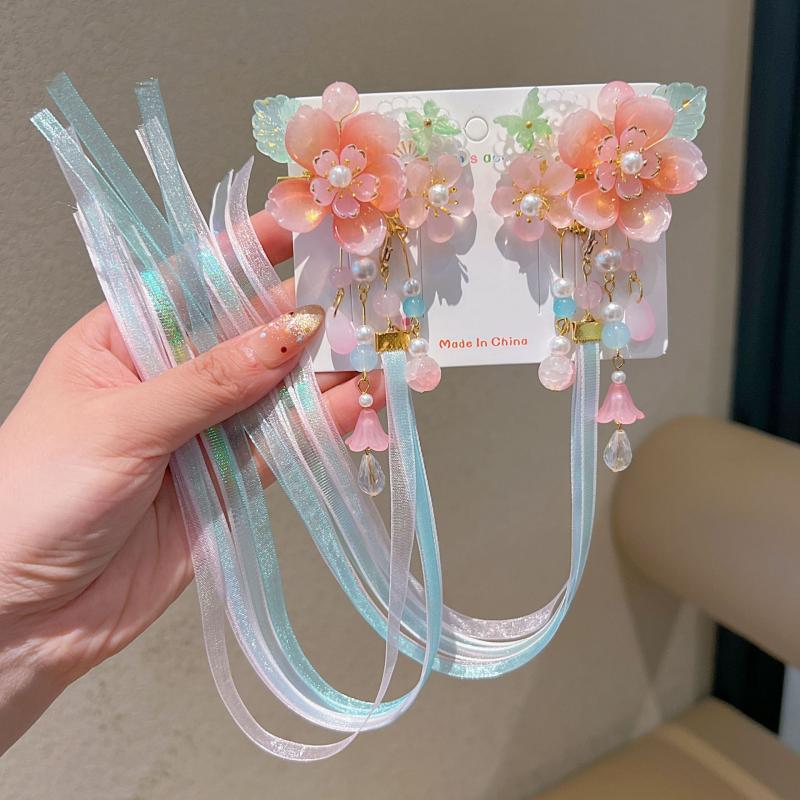 1 Pair Ancient Chinese Hanfu Girl'S Tassel Hair Clip Princess Style Flowing Silk Hairpin Adorable Headwear For Little Girls