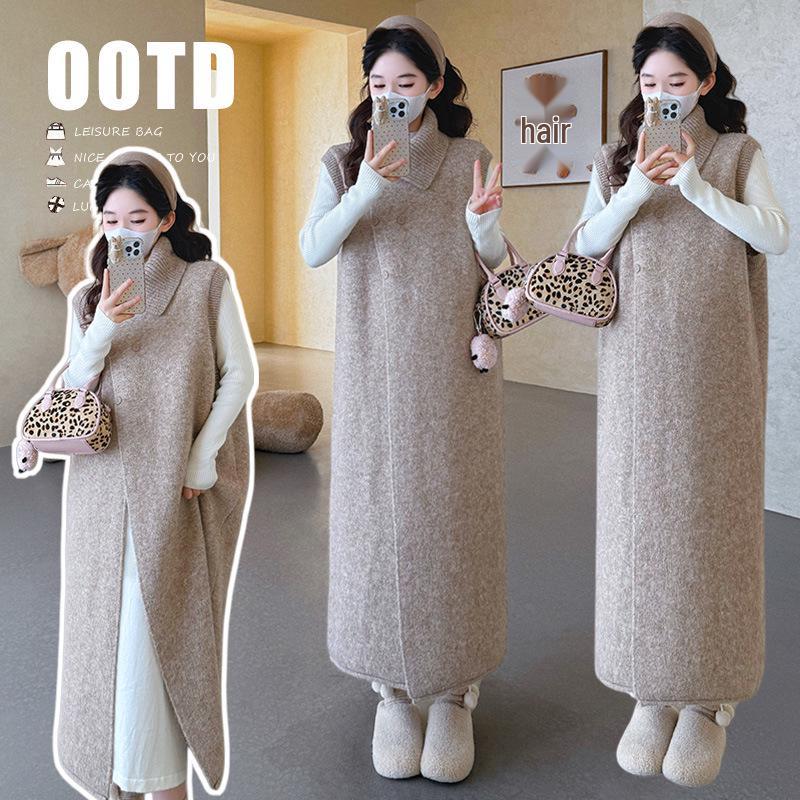 Chic Maternity Mid-Length Vest + Basic Dress Two-Piece Set (Autumn/Winter 2025) 2XL
