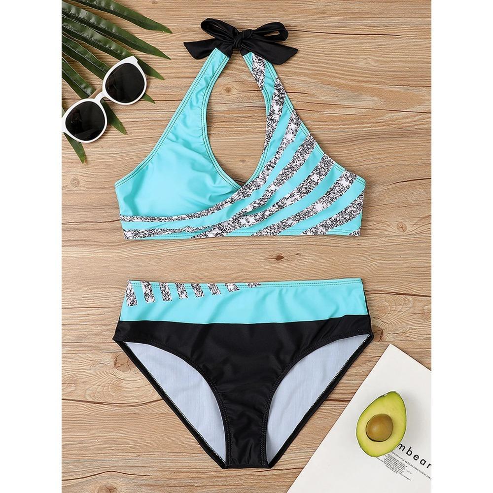 Bikini set s V výstřihem 2026 Dámský pruhovaný patchworkový plavecký úbor Letní plážové oblečení Plavky Ženské plavky Koupací plavky 3XL