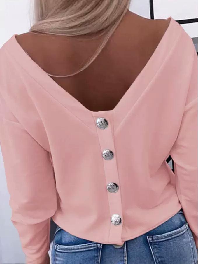 2024 Women's Solid Color One-Shoulder Open Back Long Sleeve Top with Metal Buckle