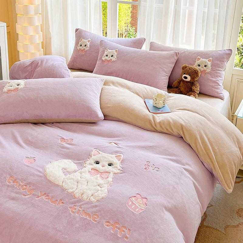 2025 Winter Milk Velvet 4-Piece Set: Thick Warm Double-Sided Fleece Bed Sheet, Fitted Sheet & Duvet Cover.