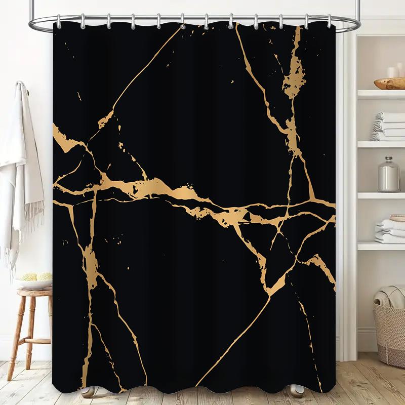 Élégance dorée: Rideau de douche marbre noir et or pour une décoration de salle de bain luxueuse et moderne