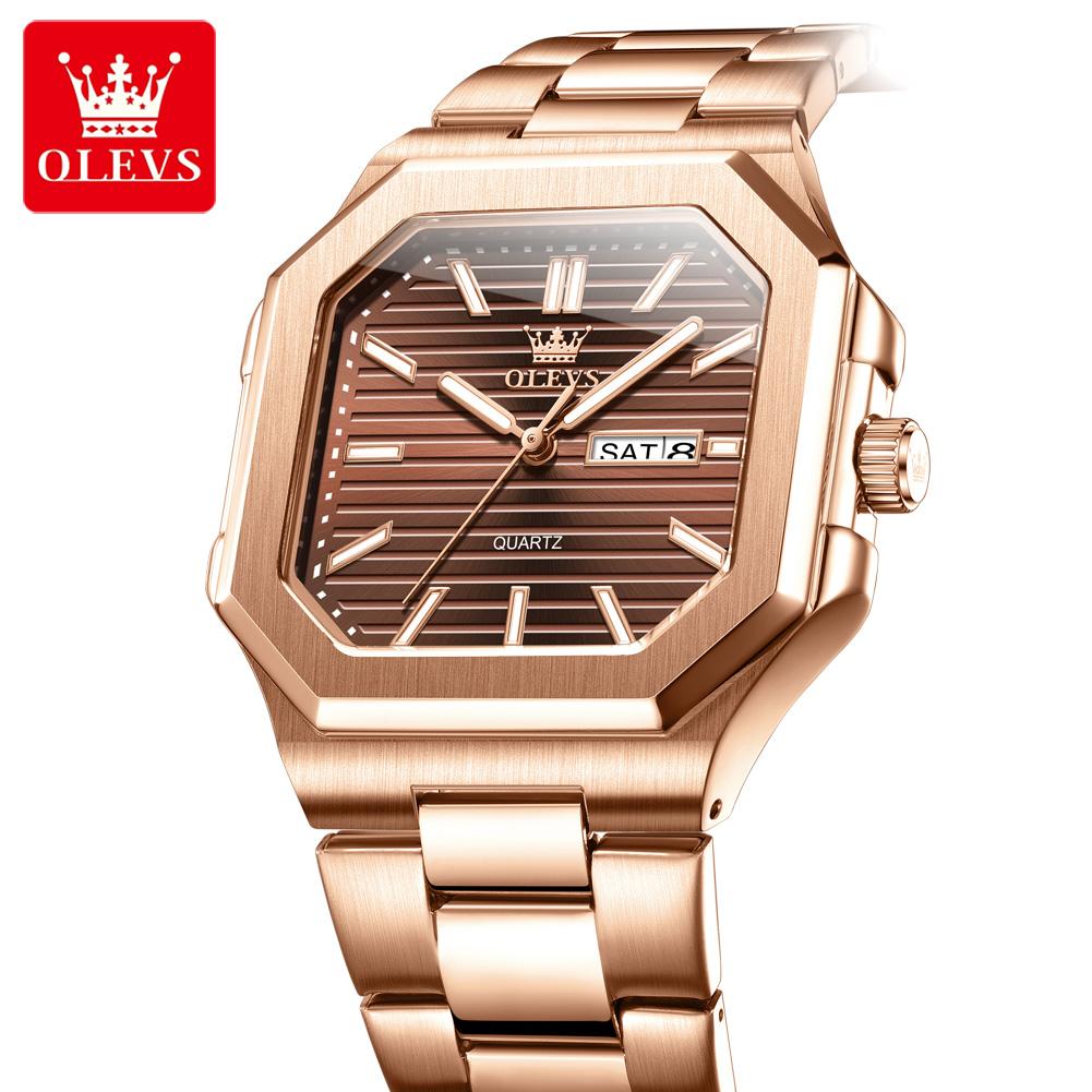 OLEVS Brand Original Square Quartz Watches Men's Classic Fashion Stainless Ssteel Waterproof Luminous Week Date Watch For Men