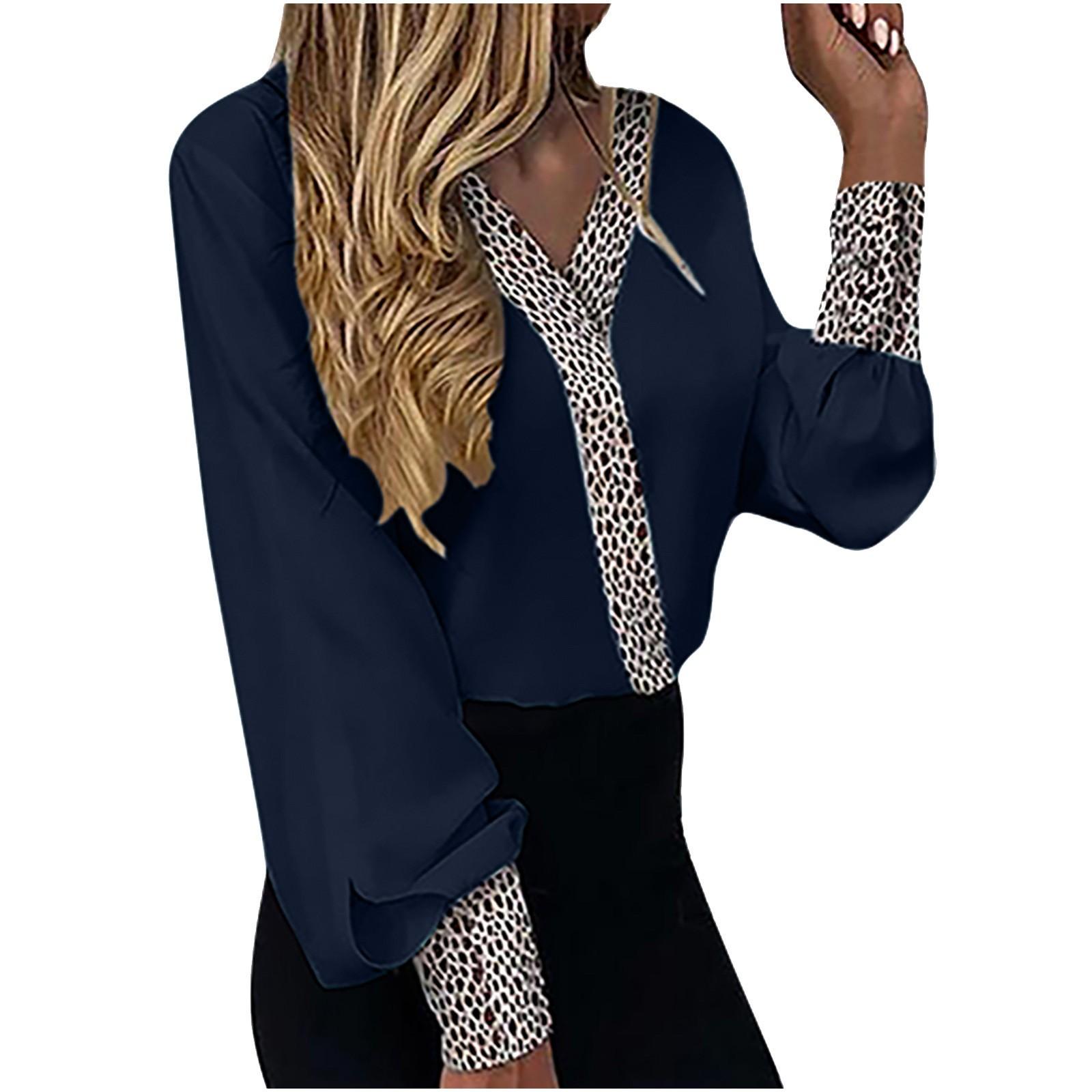 Fashion Womens Wide V-neck Sexy Shirt Leopard Print Long Sleeve Blouse L