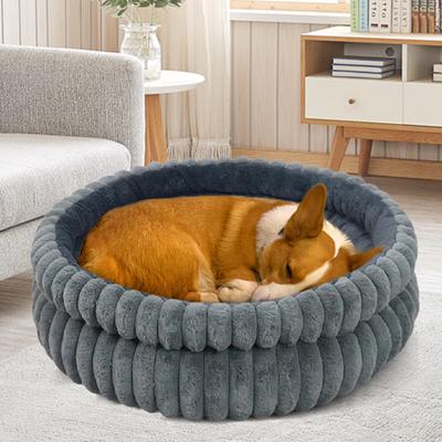 60CM Washable Round Cat Bed Anti-Slip Bottom 15KG Load Soft Plush Fur Shed-Resistant Pet Bed Raised Edge for Indoor Dogs Cats