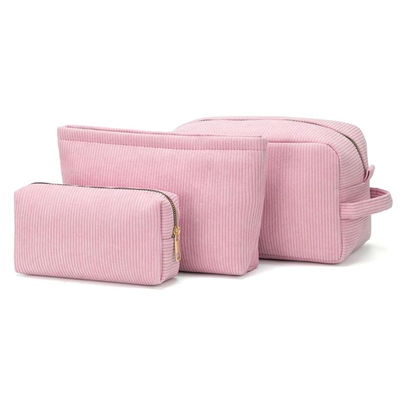 Fashionable PU Leather Cosmetic Bag Zipper Closure Custom Logo Large Corduroy Stylish Portable Makeup Storage for Travel