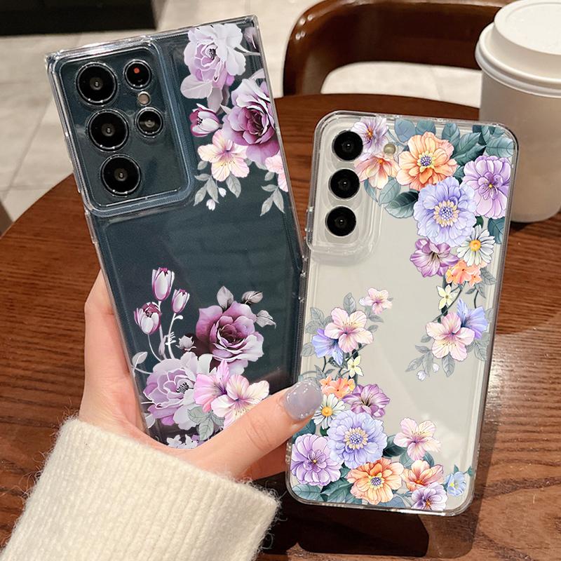 Luxury Flower Pattern Phone Case For Samsung Galaxy S26 S25 S24 S23 Ultra S22 Plus S24 S21 FE S25Edge Transparent TPU Soft Cover