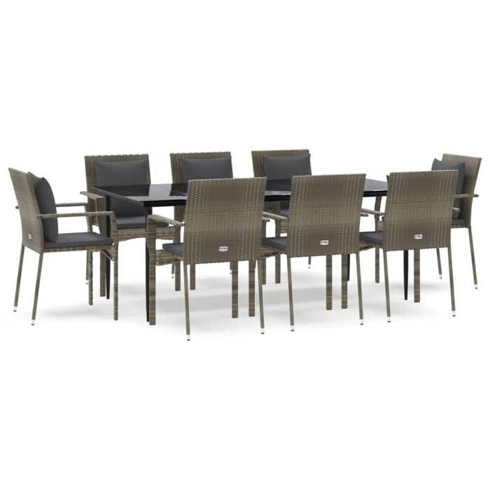 VidaXL Ensemble de salle à manger jardin 9pcs et coussins noir et gris 3185106