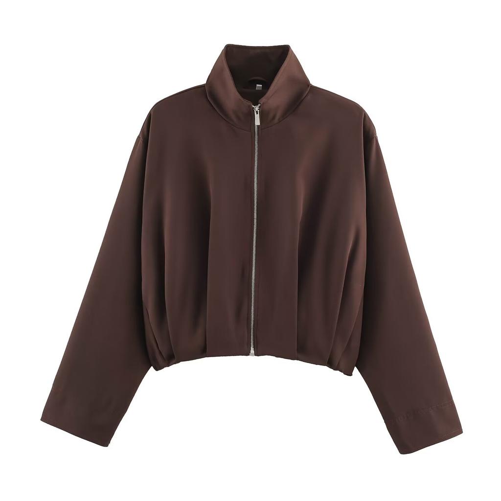 Women High Neck Long Sleeve Zip Pilot Short Jacket