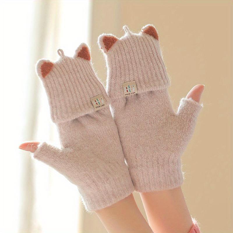 1 Paar Damen Winter Niedliche Katzenohr Halbfinger Klapphandschuhe - Weiche Winddichte Warme Handschuhe