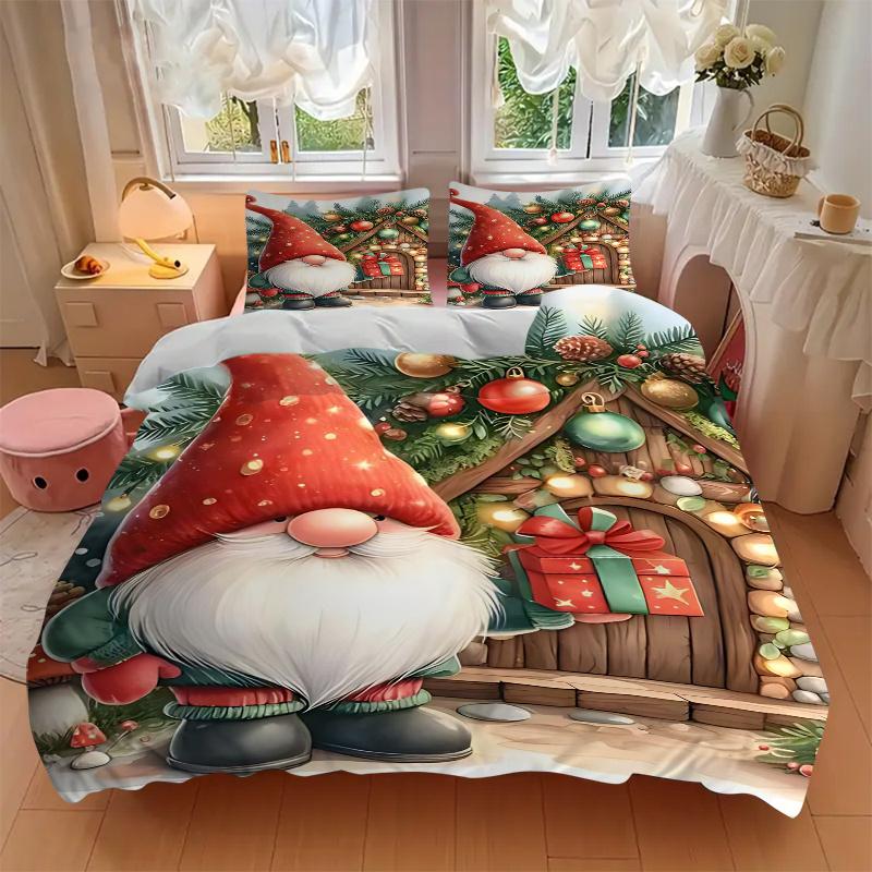 3pcs Christmas Gnome Bedding Set, Includes One Quilt Cover and Two Pillowcases (No Core), Anime Cartoon Design