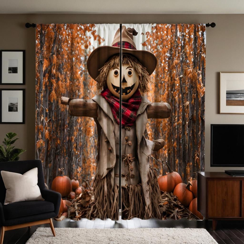 2pcs HD Dead tree forest scarecrow decorative curtain Yellow tie digital printed curtain Home decoration style decoration liv