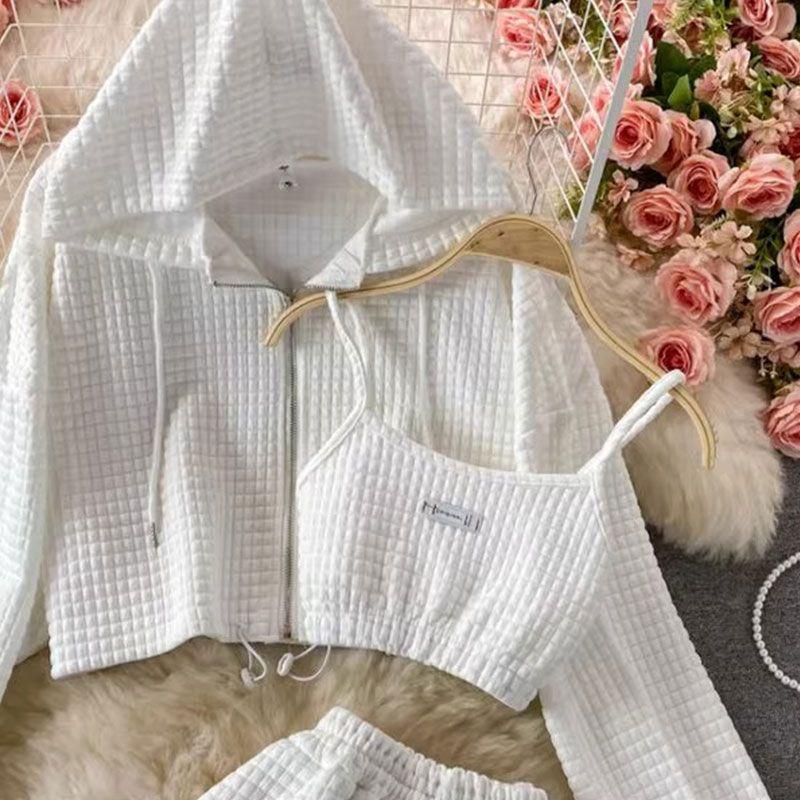 Trendy Women's Spring Set: Hooded Jacket, Vest & Wide-Leg Pants