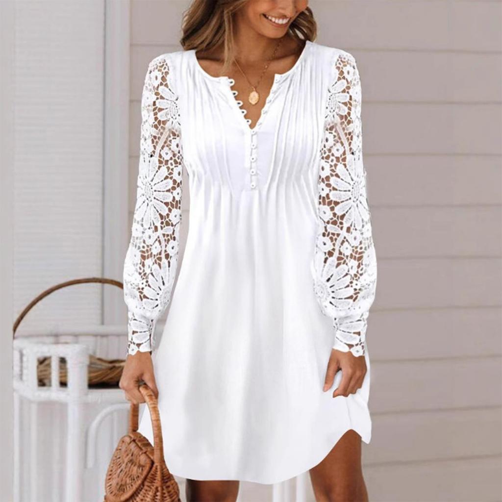 Women Lace Long Sleeve Dress Casual Loose Fit Knee Length Button Front V Neck Tunic Dress with Sheer Floral Sleeves