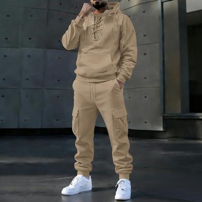 Herren Zweiteiliger Trainingsanzug Mit Kapuze Schnürung Sweatshirt Und Cargo Jogginghose Set