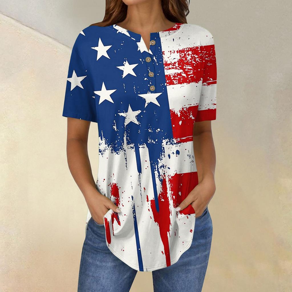 Short Sleeve Womens Tops Summer T-Shirts Print V Neck Casual Basic Tee Button Shirts Tunic Tops Independence Day