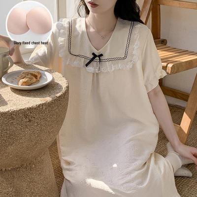 2026 Summer Cloud Cotton Short-Sleeve Nightgown with Bra Pads - Princess Style