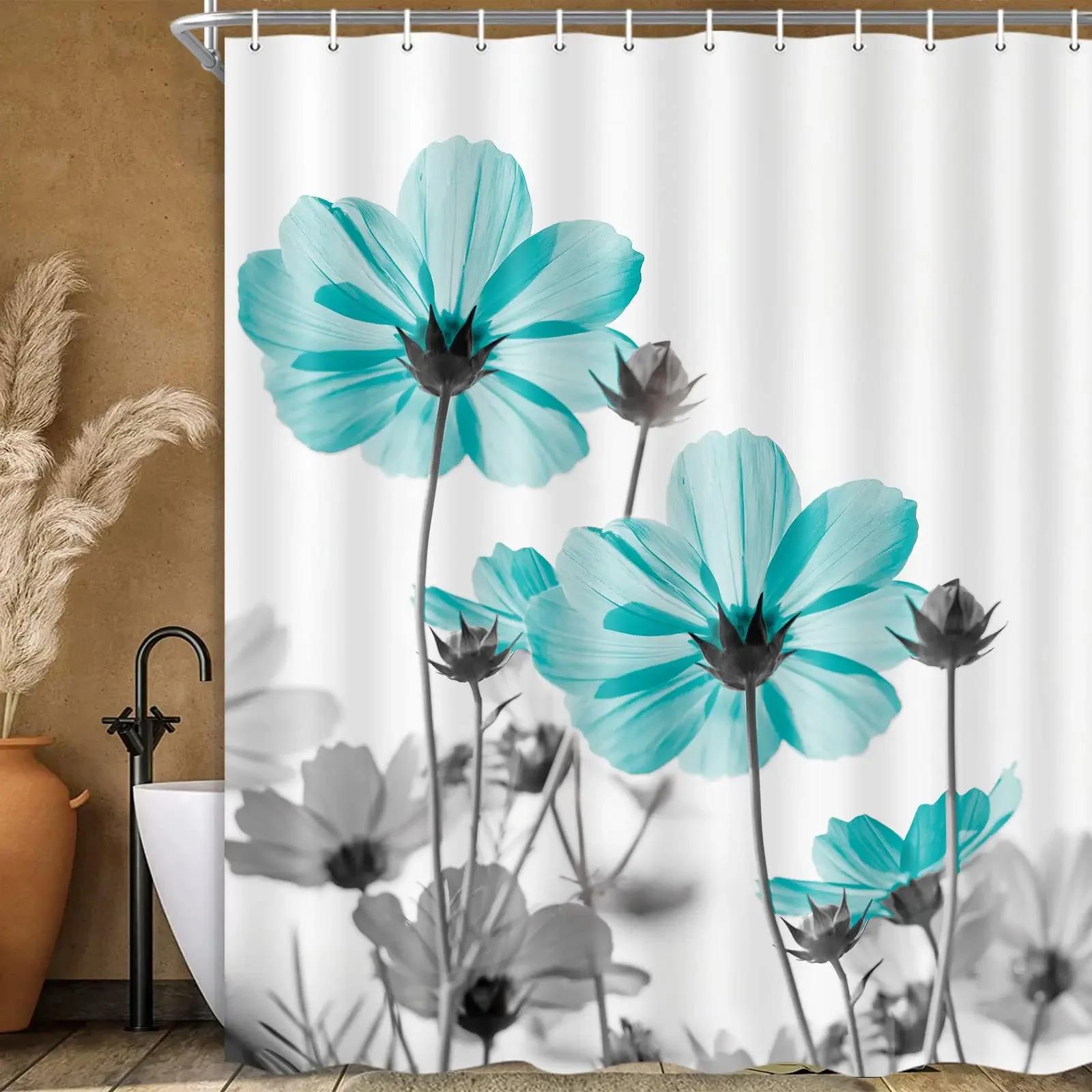 

Ink Painting Flower Decoration Bathroom Curtain Elegant Daisy Shower Curtain Polyester Waterproof Decoration Curtain Hooks W90xH180cm